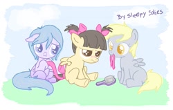 Size: 1043x665 | Tagged: safe, artist:catwhitney, character:derpy hooves, character:wild fire, oc, oc:sleepy skies, filly, younger