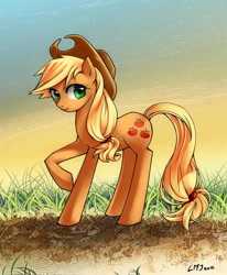 Size: 1400x1700 | Tagged: safe, artist:katiramoon, character:applejack, female, looking at you, raised hoof, solo