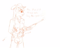 Size: 5000x4000 | Tagged: safe, artist:devious-stylus, artist:sky bound, character:applejack, species:anthro, chaps, clothing, cowboy hat, eyepatch, gun, hat, holster, mercenary, polo, rifle, stetson