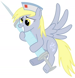 Size: 2060x2135 | Tagged: safe, artist:friendshipismetal777, character:derpy hooves, species:pegasus, species:pony, clothing, female, flying, giant syringe, grin, hat, hug, nurse, nurse hat, simple background, smiling, solo, spread wings, squee, syringe, underhoof, white background, wings