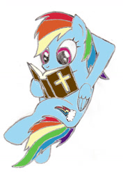 Size: 1024x1448 | Tagged: safe, artist:friendshipismetal777, character:rainbow dash, bible, book, christianity, female, reading, religion, religious, simple background, solo, white background
