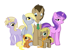Size: 866x582 | Tagged: safe, artist:moostargazer, character:amethyst star, character:derpy hooves, character:dinky hooves, character:doctor whooves, character:time turner, oc, oc:cloud, oc:windancer, parent:derpy hooves, parent:doctor whooves, parents:doctorderpy, species:pony, ship:doctorderpy, child, clothing, colt, family, filly, foal, male, necktie, offspring, scarf, shipping, simple background, straight, transparent background