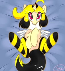 Size: 700x768 | Tagged: safe, artist:kikiluv17, oc, oc only, species:alicorn, species:pony, alicorn oc, animal costume, bed, bee, bee costume, bee pony, clothing, costume, cute, lying down, lying on bed, mattress, monster pony, original species, socks, solo, striped socks, wings