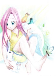 Size: 1091x1500 | Tagged: safe, artist:paulina-ap, character:angel bunny, character:fluttershy, species:bird, species:human, animal, barefoot, breasts, butterfly, clothing, cute, delicious flat chest, feet, flattershy, humanized, sitting, tank top, traditional art