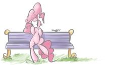 Size: 868x453 | Tagged: safe, artist:skygracer, character:pinkie pie, bench, female, grin, sitting, smiling, solo