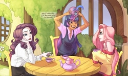 Size: 1200x719 | Tagged: safe, artist:x-arielle, character:fluttershy, character:rarity, character:twilight sparkle, species:human, cleavage, clothing, female, humanized, off shoulder, sweater, sweatershy, table, tea, tea party, vulgar
