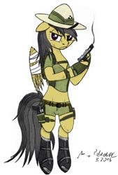 Size: 493x730 | Tagged: safe, artist:karpiupl, artist:poldekpl, character:daring do, species:pony, bipedal, boots, clothing, female, gun, hoof boots, pistol, semi-anthro, shorts, solo, usp, wide hips