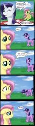 Size: 405x1438 | Tagged: safe, artist:angerelic, edit, character:fluttershy, character:rarity, character:twilight sparkle, comic, grass, grazing, spanish, translation