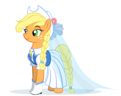 Size: 1008x799 | Tagged: safe, artist:moostargazer, character:applejack, alternate hairstyle, boots, braid, clothing, dress, female, simple background, solo, transparent background, wedding dress