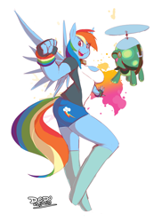 Size: 618x892 | Tagged: safe, artist:lionalliance, character:rainbow dash, character:tank, species:anthro, big breasts, bracelet, breasts, busty rainbow dash, clothing, female, gloves, jewelry, shirt, shorts, solo, wristband
