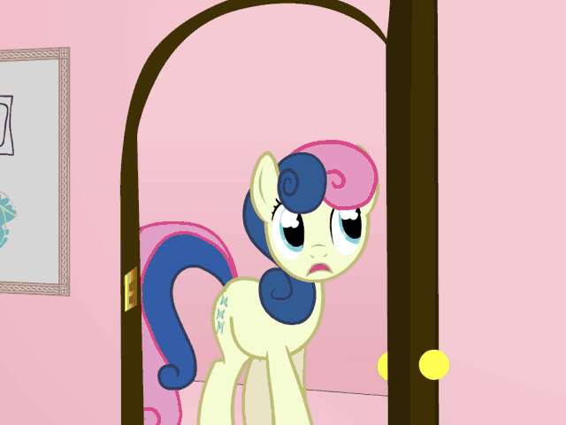 Size: 640x480 | Tagged: safe, artist:myminiatureequine, artist:ralek, character:bon bon, character:lyra heartstrings, character:sweetie drops, species:earth pony, species:pony, species:unicorn, animated, awkward, awkward moment, bipedal, caught, clothing, door, eye contact, female, frown, funny, funny as hell, greatest internet moments, humie, i like pants, mare, pants, raised hoof, reflection, talking, that pony sure does love pants, wide eyes