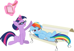 Size: 5113x3500 | Tagged: safe, artist:vaderpl, character:rainbow dash, character:twilight sparkle, character:twilight sparkle (unicorn), species:pegasus, species:pony, species:unicorn, episode:lesson zero, g4, my little pony: friendship is magic, absurd resolution, alternate hairstyle, bench, clipboard, duo, eyes closed, female, frown, glasses, hair bun, levitation, magic, mare, on back, open mouth, quill, rainbow dash is not amused, simple background, sitting, smiling, telekinesis, therapist, transparent background, twilight's professional glasses, unamused, vector