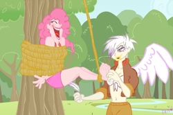 Size: 1343x890 | Tagged: safe, artist:fr-13, character:gilda, character:pinkie pie, ship:gildapie, barefoot, bondage, feather, feet, female, humanized, laughing, lesbian, rope, shipping, tickle torture, tickling, tree, winged humanization