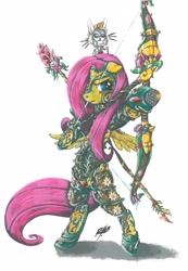 Size: 1424x2060 | Tagged: safe, artist:darka01, character:angel bunny, character:fluttershy, species:pony, armor, arrow, bipedal, bow (weapon), bow and arrow, floppy ears, flutterbadass, jewelry, weapon