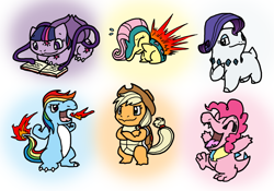 Size: 1500x1050 | Tagged: safe, artist:dragonwolfrooke, character:applejack, character:fluttershy, character:pinkie pie, character:rainbow dash, character:rarity, character:twilight sparkle, book, bulbasaur, charmander, chikorita, crossover, cyndaquil, female, fire, happy, mane six, my little x, pokefied, pokémon, species swap, squirtle, totodile