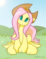 Size: 548x700 | Tagged: safe, artist:astalakio, character:fluttershy, accessory theft, applejack's hat, clothing, cowboy hat, female, hat, solo