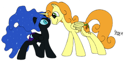 Size: 2984x1482 | Tagged: safe, artist:poldekpl, character:carrot top, character:golden harvest, character:nightmare moon, character:princess luna, species:alicorn, species:pony, alicornified, carrotcorn, carrotmoon, race swap, shipping, simple background