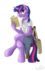 Size: 1600x2535 | Tagged: safe, artist:rulsis, character:twilight sparkle, character:twilight sparkle (alicorn), species:alicorn, species:anthro, book, clothing, female, glasses, skirt, solo