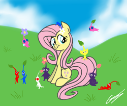 Size: 1200x1000 | Tagged: safe, artist:gearholder, character:fluttershy, species:pony, blue pikmin, crossover, female, field, mare, nintendo, pikmin, pikmin 2, pikmin 3, purple pikmin, red pikmin, video game, white pikmin, winged pikmin, yellow pikmin