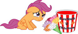 Size: 13632x6000 | Tagged: safe, artist:psychicwalnut, character:scootaloo, species:chicken, species:pegasus, species:pony, absurd resolution, bouquet, bucket, crying, female, flower, sad, scootachicken, scootasad, scrunchy face, solo