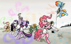 Size: 1920x1200 | Tagged: safe, artist:almaska, character:applejack, character:fluttershy, character:pinkie pie, character:rainbow dash, character:rarity, character:twilight sparkle, species:pony, arm hooves, band, bass guitar, bipedal, clothing, drums, electric guitar, eyes closed, flying, grin, guitar, hoof hold, looking at you, mane six, music, musical instrument, saxophone, ska, smiling, trombone, trumpet