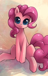 Size: 950x1500 | Tagged: safe, artist:katiramoon, character:pinkie pie, female, looking at you, sitting, smiling, solo, staring into your soul