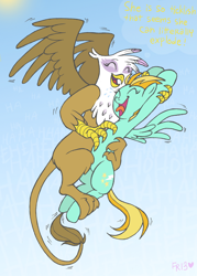 Size: 716x1000 | Tagged: safe, artist:fr-13, artist:rgevskiy, character:gilda, character:lightning dust, species:griffon, species:pegasus, species:pony, cute, eyes closed, female, gildust, happy, hoof tickling, interspecies, laughing, lesbian, mare, open mouth, shipping, tickle torture, tickling