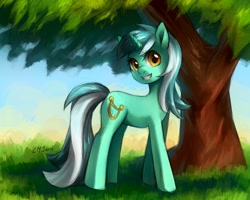 Size: 1500x1200 | Tagged: safe, artist:katiramoon, character:lyra heartstrings, species:pony, species:unicorn, female, grin, looking at you, smiling, solo, tree