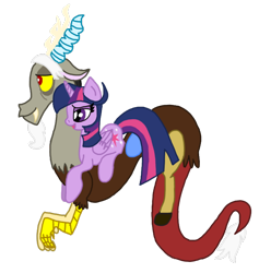 Size: 678x716 | Tagged: safe, artist:lorettafox, character:discord, character:twilight sparkle, character:twilight sparkle (alicorn), species:alicorn, species:pony, ship:discolight, female, implied shipping, male, mare, shipping, straight