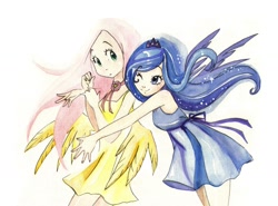 Size: 1678x1242 | Tagged: safe, artist:paulina-ap, character:fluttershy, character:princess luna, ship:lunashy, clothing, dress, female, hug, hug from behind, humanized, lesbian, shipping, smiling, sundress, surprised, traditional art, winged humanization, wink