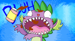 Size: 1023x561 | Tagged: safe, artist:heartinarosebud, character:spike, species:dragon, bluh, crying, derp, food, homestuck, male, open mouth, sharp teeth, soda, soda can, solo, throwing, wide eyes