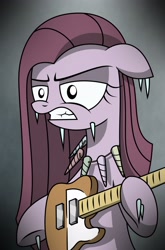 Size: 1886x2852 | Tagged: safe, artist:friendshipismetal777, character:pinkamena diane pie, character:pinkie pie, species:pony, fanfic:cupcakes, bipedal, cold, electric guitar, female, guitar, horn, horns, icicle, necklace, solo