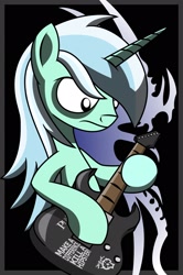 Size: 1438x2162 | Tagged: safe, artist:friendshipismetal777, character:lyra heartstrings, species:pony, species:unicorn, bipedal, death metal, electric guitar, eyeshadow, female, first fragment, frown, guitar, makeup, metal, musical instrument, reference, solo