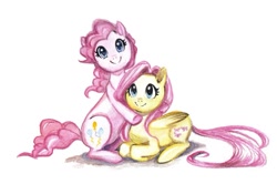 Size: 1691x1123 | Tagged: safe, artist:paulina-ap, character:fluttershy, character:pinkie pie, ship:flutterpie, female, hug, lesbian, looking at you, prone, shipping, smiling, traditional art
