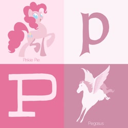Size: 1024x1024 | Tagged: safe, artist:citron--vert, character:pinkie pie, species:pegasus, species:pony, alphabet, horse, initials, open mouth, p, raised hoof, raised leg, smiling, spread wings, text, wings