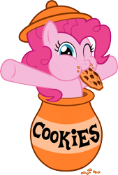 Size: 4790x7097 | Tagged: safe, artist:filpapersoul, character:pinkie pie, absurd resolution, cookie, cookie jar, cookie jar pony, cute, diapinkes, eating, female, food, looking at you, nom, nose wrinkle, one eye closed, puffy cheeks, simple background, solo, transparent background, vector, wink