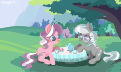 Size: 1236x740 | Tagged: safe, artist:cenyo, character:diamond tiara, character:silver spoon, species:earth pony, species:pony, cute, diamondbetes, duo, female, glasses, silverbetes, table, tea party, tree