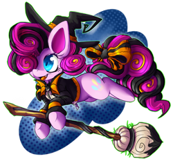 Size: 800x745 | Tagged: safe, artist:paleblank, part of a set, character:pinkie pie, broom, clothing, costume, cute little fangs, fangs, female, flying, flying broomstick, halloween, hat, open mouth, smiling, solo, witch, witch hat