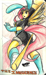 Size: 516x825 | Tagged: safe, artist:lionalliance, character:fluttershy, species:anthro, species:pegasus, species:pony, action pose, bunny ears, clothing, dangerous mission outfit, female, gloves, goggles, hoodie, looking back, open mouth, solo, staff