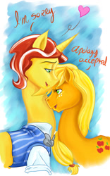 Size: 600x960 | Tagged: safe, artist:moostargazer, character:applejack, character:flim, ship:flimjack, dialogue, female, heart, male, shipping, straight
