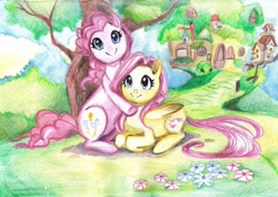 Size: 1500x1062 | Tagged: safe, artist:paulina-ap, character:fluttershy, character:pinkie pie, ship:flutterpie, female, hug, lesbian, looking at you, prone, shipping, sitting, smiling, traditional art