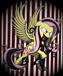Size: 1976x2386 | Tagged: safe, alternate version, artist:friendshipismetal777, character:fluttershy, species:pegasus, species:pony, abstract background, electric guitar, emoshy, female, guitar, metal, metalhead, music, rainbow dash's cutie mark, solo, striped background, tongue out