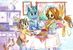 Size: 1741x1198 | Tagged: safe, artist:paulina-ap, oc, oc only, apron, breakfast, cat, chair, clothing, cup, family, filly, flower, flying, food, grin, magic, open mouth, parent, sitting, smiling, spread wings, table, teapot, traditional art, wings