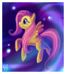 Size: 592x664 | Tagged: safe, artist:griffsnuff, character:fluttershy, species:pegasus, species:pony, butterfly, female, mare, profile, smiling, solo