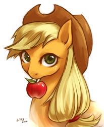 Size: 1400x1700 | Tagged: safe, artist:katiramoon, character:applejack, species:earth pony, species:pony, g4, apple, bust, female, looking at you, mare, mouth hold, photoshop, portrait, simple background, solo