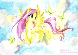 Size: 1200x840 | Tagged: safe, artist:paulina-ap, character:fluttershy, animal, butterfly, cloud, cloudy, female, flying, solo, traditional art