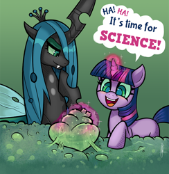 Size: 800x820 | Tagged: dead source, safe, artist:php13, character:queen chrysalis, character:twilight sparkle, species:pony, askchrysalis, dialogue, fangs, female, glowing eyes, magic, mare, mind control, open mouth, science, smiling, speech bubble, telekinesis, that pony sure does love science