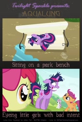 Size: 662x977 | Tagged: safe, artist:catwhitney, edit, edited screencap, screencap, character:apple bloom, character:scootaloo, character:sweetie belle, character:twilight sparkle, episode:lesson zero, g4, my little pony: friendship is magic, bench, lyrics, messy mane, song reference, text, twilight snapple