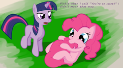 Size: 900x500 | Tagged: safe, artist:dazko, character:pinkie pie, character:twilight sparkle, dialogue