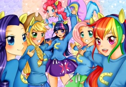 Size: 6825x4725 | Tagged: safe, artist:monicherrie, character:applejack, character:fluttershy, character:pinkie pie, character:rainbow dash, character:rarity, character:twilight sparkle, my little pony:equestria girls, absurd resolution, boots, clothing, cowboy hat, cute, denim skirt, hat, helping twilight win the crown, humanized, mane six, moe, pleated skirt, skirt, stetson, sweater, sweatershy, wondercolts